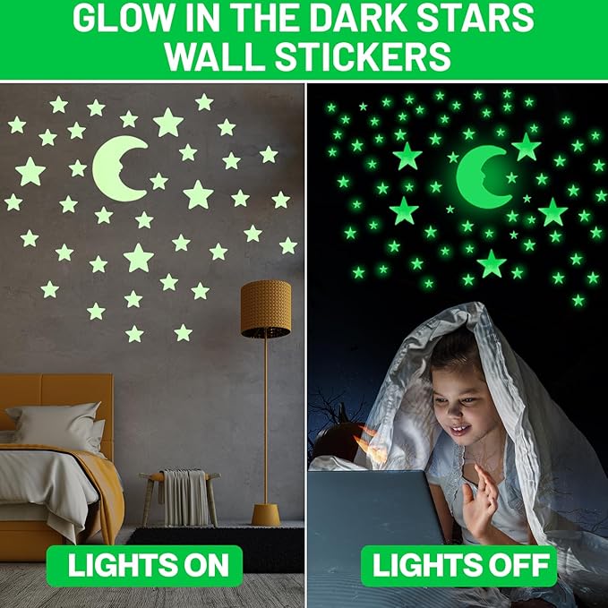 OIG Brands 100 PK Green Glow in The Dark Stars for Ceiling Easter Basket Stuffers for Kids - Star Brite Plastic Glow Stars with Moon & Putty Ages 4,5,6,7,8,9,10,11,12 for Bedroom Space Night Light