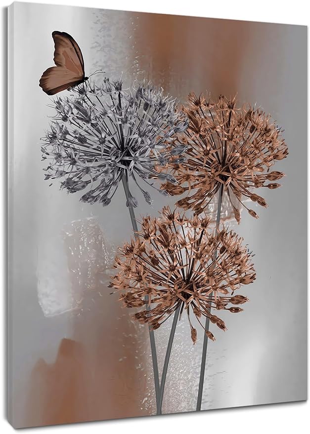 LB Vintage Abstract Dandelion Flower Wall Art Farmhouse Brown and Grey Floral Butterfly Canvas Wall Art Modern Minimalist Wall Decor for Bedroom Bathroom Living Room Framed Ready to Hang 10L x 8W