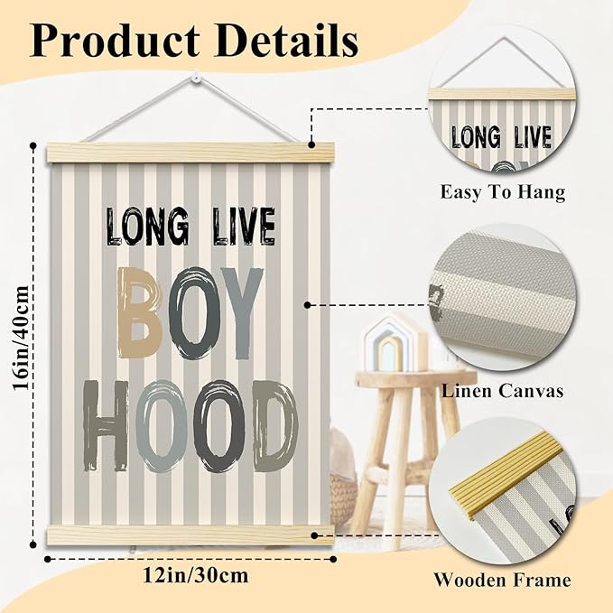 Long Live Boyhood Posters Hanger Frame for Boys Room Stripes Hanging Poster for Bedroom Kids Room Classroom Decor Wall Art Decor for Nursery Playroom Canvas Wall Art Print 16x12 Inches - YY065