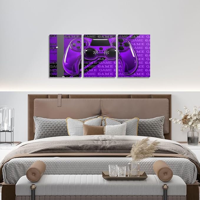Feelyou Gamer Canvas Wall Art 12" x 16" 3 Piece Game Controller Office Wall Artwork Posters for Teens Adults Gaming Gifts Bathroom Wall Art for Home Gamepad Purple and Black Wall Painting