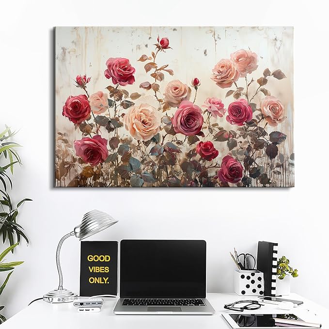 Large Pink Wall Decor for Bedroom Wall Art Retro Rose Flower Canvas Pictures for Living Room Decor Rustic Blossom Roses Floral Painting Modern Farmhouse Artwork for Bathroom Home Decoration 24x36"