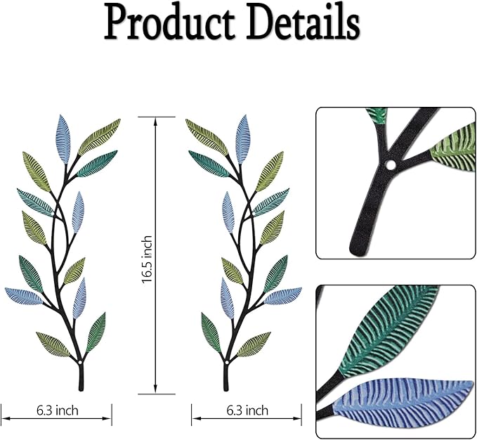 Metal Tree Leaf Wall Decor 2 PCS Rustic Vine Branch Leaf Wall Art for Living Room Bedroom Bathroom Decorations - Lively Color