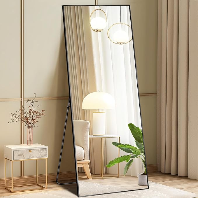 DUMOS Full Length Mirror with Stand, 58"x19" Floor Mirror with Aluminum Alloy Frame for Bedroom, Standing Full Body Mirror with Shatter-proorf Nano Glass for Wall, Living Room, Cloakroom, Black