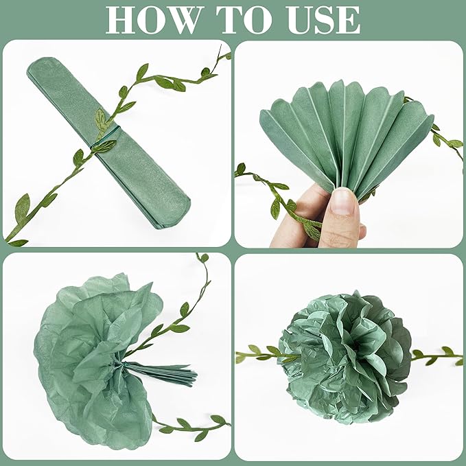 Sage Green Dusty Rose Pink Beige Tissue Paper Flowers Pom Pom with Leaf Ribbon Hanging Garland Streamer for Girl Safari Woodland Jungle Baby Shower Birthday Wedding Garden Party Decorations Supplies