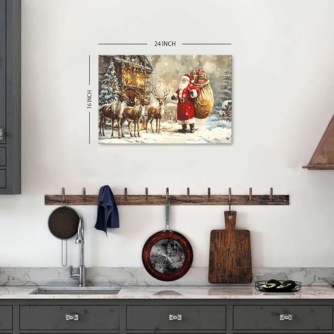 Farmhouse Christmas Wall Art for Living Room Santa Claus Wall Decor Vintage Reindeers Canvas Prints Christmas Deer Pictures Winter Landscape Painting Artwork Kitchen Office Home Decorations 16x24"