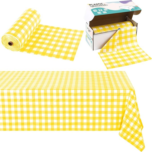 Kochorie 54 Inch x 300 Ft Light Yellow Checkered Plastic Table Cloth Roll Disposable Waterproof Table Cover Plastic Table Cover Roll with Easy Slide Cutter for Outdoor Picnic/Home Dining/Spring Party