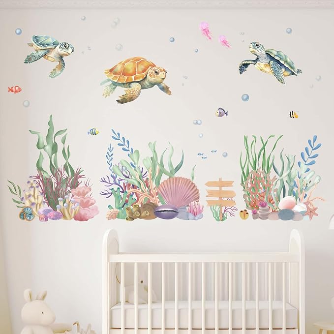 Ocean Sea Turtle Wall Decals - Under The Sea Marine Theme Seaweed Grass Wall Stickers - Baby Nursery Kids Bedroom Daycare Bathroom Wall Decor