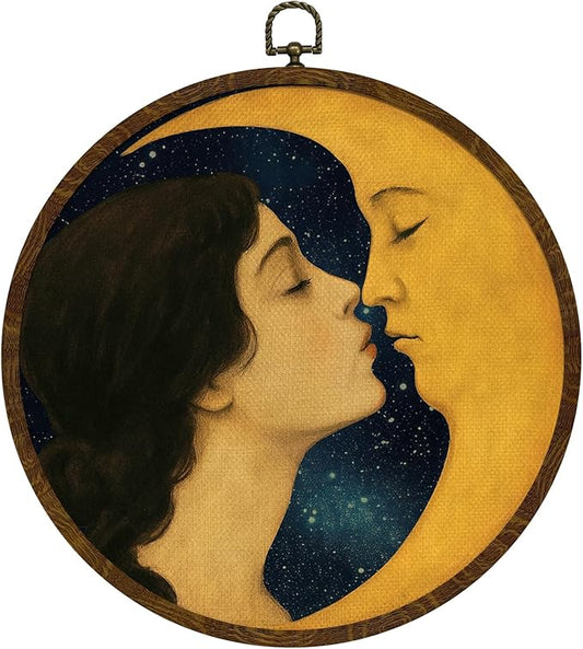 KLYTINK Retro Celestial Decor,Romantic Moon and Young Girl Round Wall Art,Vintage-Inspired Celestial Canvas Print, Surreal Moon and Woman Hanging Decor for Bedroom, Gallery Wall, 10''x10''