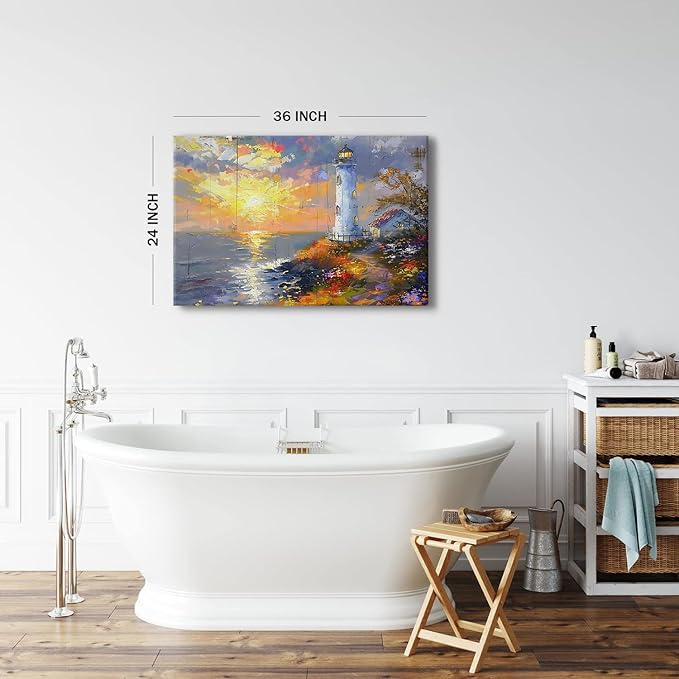 Lighthouse Wall Art Abstract Beach Wall Decor Sunset Coastal Canvas Prints Painting Ocean Landscape Picture Modern Seascape Artwork for Kitchen Bedroom Living Room Home Decoration 24x36"