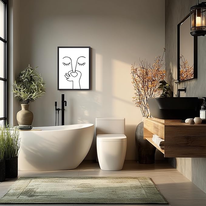 IAFWZX Wood Framed Funny Bathroom Wall Art, Abstract Humor Toilet Wall Decor, Minimalist Face Line Canvas Painting, Modern Black and White Bathroom Poster Print for Restroom Guest Bedroom 16"x24"