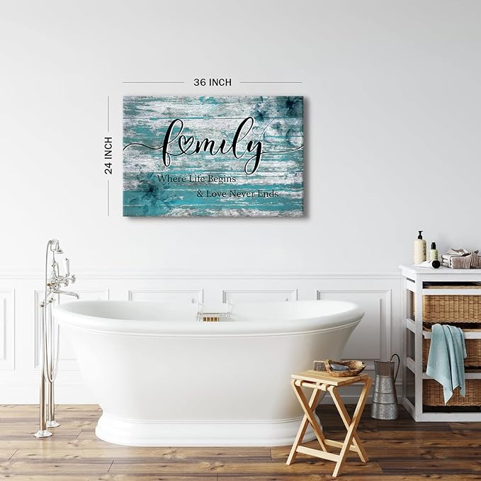 Farmhouse Family Canvas Wall Art Inspirational Signs Poster Where Life Begins Love Never Ends Teal Family Sign Picture Turquoise Painting Artwork for Kitchen Living Room Home Decoration 24x36"