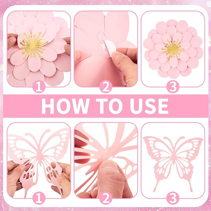 Paper Flower Decoration for Wall 3D Paper Butterfly Flower Bulletin Board Decor Pink White Artificial Flower Backdrop Wall Decor Green Leaves Vine for Classroom Office Spring Garden Tea Women Birthday