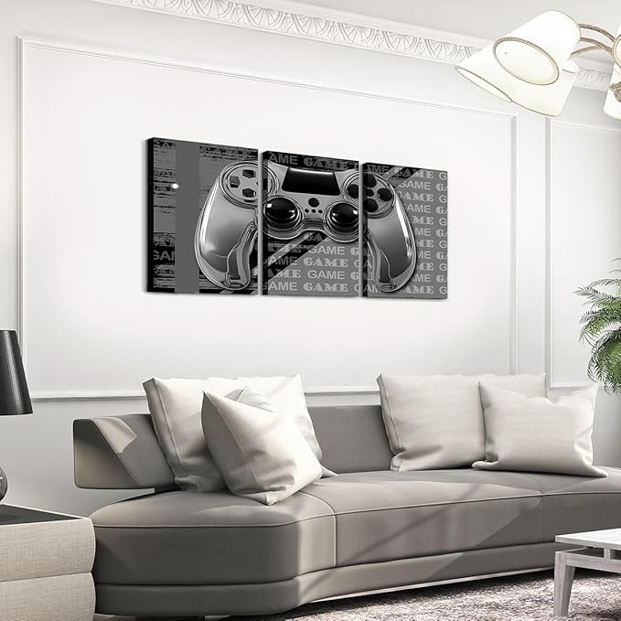 Feelyou Gamer Canvas Wall Art 12" x 16" 3 Piece Game Controller Office Wall Artwork Posters for Teens Adults Gaming Gifts Bathroom Wall Art for Home Gamepad Grey and Black Wall Painting