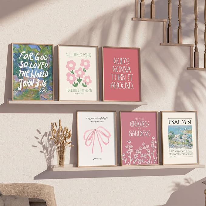 Bible Verse Wall Art Christian Canvas Wall Decor Aesthetic Scripture Wall Art Preppy Religious Posters Jesus Painting Floral Bow Pictures Vintage Prints for Living Room Bedroom 8x10x6 Inch Unframed