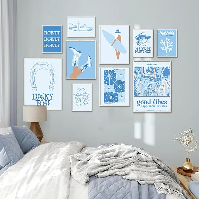 Uniro Coastal Cowgirl Room Decor, Coastal Granddaughter Room Decor, Light Blue Beachy Wall Decor Aesthetic Poster Pictures, Trendy Beach Wall Art Prints Preppy Surf Posters for Teen Girls, Dorm Bedroom Apartment decor- UNFRAMED