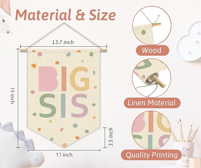 Big Sister Canvas Banner Pink Girl Nursery Decor,Sisters Bedroom Playroom Wall Art Decorations,Boho Twin Room Sign,Big Sis Lil Sis,Two Baby Kids Room Sibling Wall Hanging Pennant Flag Banner