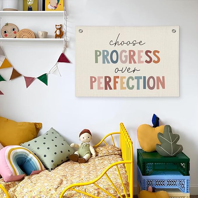 Boho Classroom Decor, Progress Over Perfection Banner, Positive Motivational Linen Banner Wall Hanging Canvas Flag for School Playroom Classroom