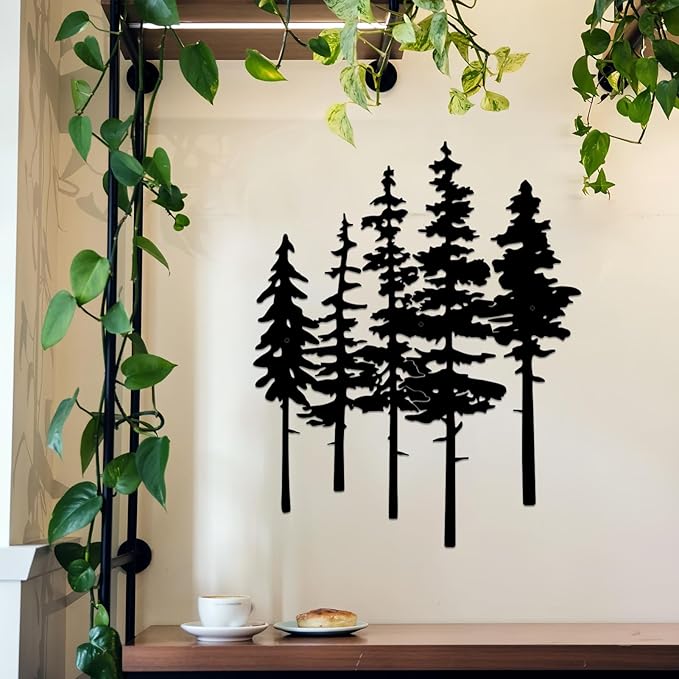 ESTART Metal Pine Tree Wall Art, Metal Tree Wall Decor, Nature Rustic Farmhouse Cabin Decor, Forest Wall Art for Home Living Room Bedroom Office Indoor and Outdoor Decoration (Black)