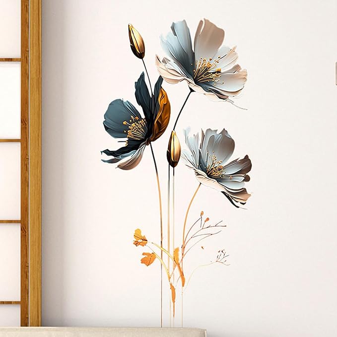 Gold Wall Decals 3D Flower Wall Sticker, Classical Plum Blossom Flower Decals Peel and Stick 3D Wall Art Murals for Girls Bedroom Nursery Living Room TV Home Decor