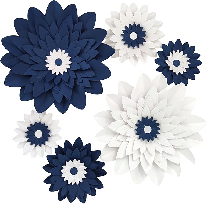 Navy Blue and White Paper Flowers for Baby Boy Shower Nautical Wedding & Bridal Shower Birthday Bachelorette Navy Blue Anniversary Party Decorations 12"-5" Pack of 6