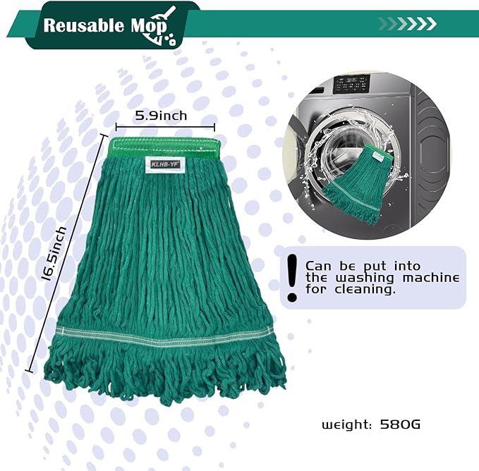 Heavy Duty Wet Industrial Cleaning Mop Head – 21 oz Green mop Head Replacement Cotton Washable Industrial mop Heads Heavy Duty for Commercial & Home Cleaning（Green）