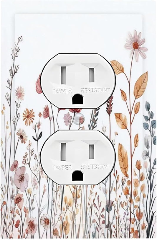 Outlet Covers Spring Floral Pink Wildflower Leaves Plants 1 Gang Duplex Light Switch Cover Decorative Switch Plates Electrical Receptacle Faceplate Wall Plate For Home Bed Room Decor