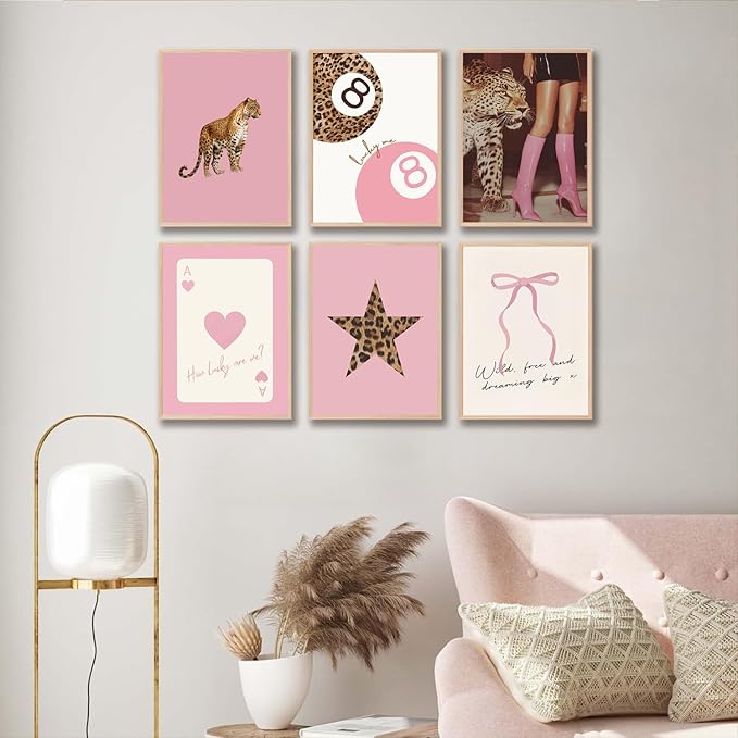 6Pcs Trendy Pink Leopard Wall Art Preppy Leopard Posters Prints Funky Coquette Cheetah Wall Decor with Lucky 8 Ball Bow Artwork for Girls Bedroom Apartment Dorm 8x10Inch 6Pcs Unframed