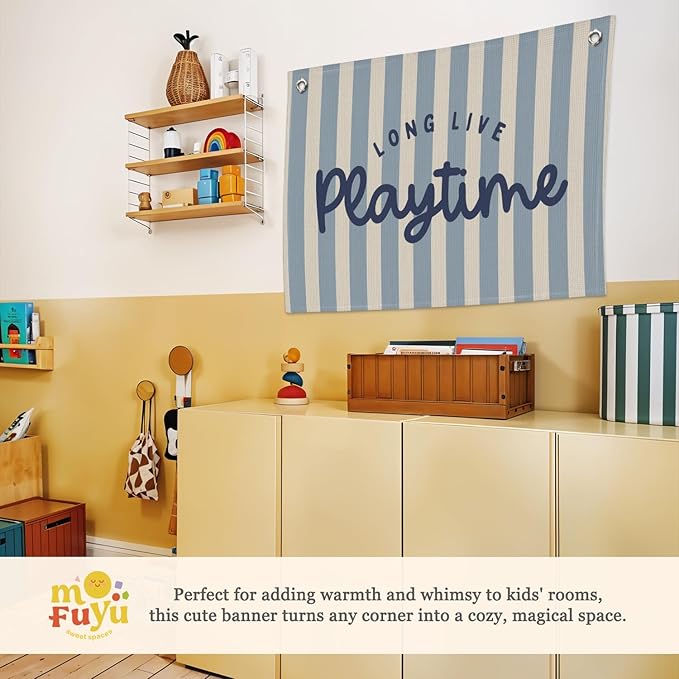 Playroom Wall Decor,Long Live Playtime Banner,Kids Room Decor,Blue Stripes Linen Canvas Banner Wall Hanging Flag Decor for Toddler Boy Room Nursery Playroom 30x20 Inch