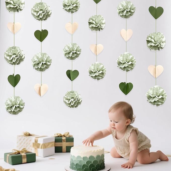 Sage Green Party Decoration Tissue Flowers Pom Pom with 3D Heart Hanging Paper Garland Banner Streamer for Birthday Baby Shower Wedding Valentines Day Woodland Neutral Themed Party Home Decor Supplies