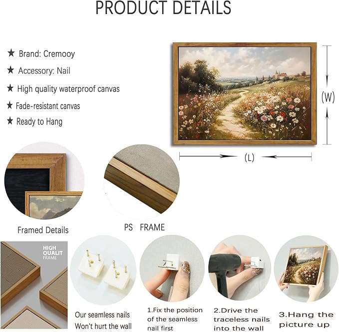 Framed Vintage Wildflower Landscape Canvas Wall Art Rustic Nature Flower painting Decor Pictures Farmhouse Nature Floral Posters Prints for Corridor Living Classroom Bedroom Decoration