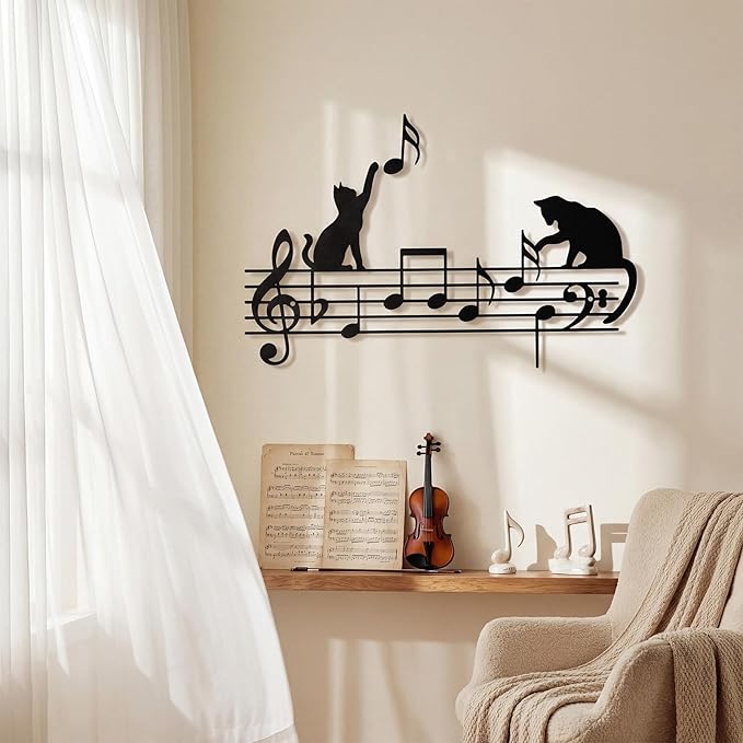 Otoolling Cat Playing Music Wall Decor Metal Black Cat Wall Art Hanging Signs Home Decor for Living Room Bedroom Bathroom Office Cats Lover Gifts (Fun,13.78 x 11.81 in)