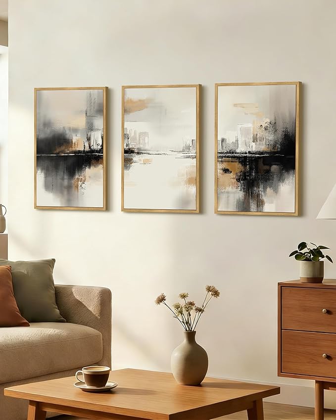 Drsoum Vintage Black Gray Abstract Wall Art Framed Brown Tan Neutral Prints Minimalist Modern Rustic Artwork Bedroom Living Room Ready to Hang 16x24in Natural Framed