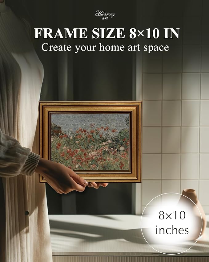 HUARCEY Framed Canvas Wall Art Prints, Living Room Shelf Vintage Decor Aesthetic, Garden Shoals Floral Paintings Farmhouse Wall Decor, Retro Table Desk Decoration for Bedroom Bathroom, 8x10Inch