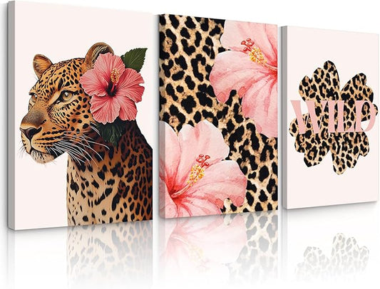 Trendy Leopard Wall Art Pink Cheetah Print Room Decor Leopard Flower Canvas Wall Decor Cheetah Aesthetic Poster Girly Pink Preppy Picture Funky Y2k Artwork for Girl Bedroom 12x16x3 Inch Wrapped Canvas