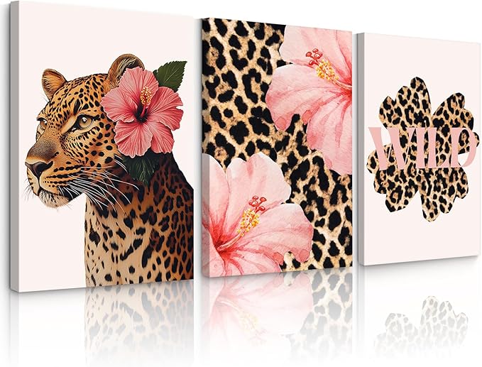 Trendy Leopard Wall Art Pink Cheetah Print Room Decor Leopard Flower Canvas Wall Decor Cheetah Aesthetic Poster Girly Pink Preppy Picture Funky Y2k Artwork for Girl Bedroom 16x24x3 Inch Wrapped Canvas