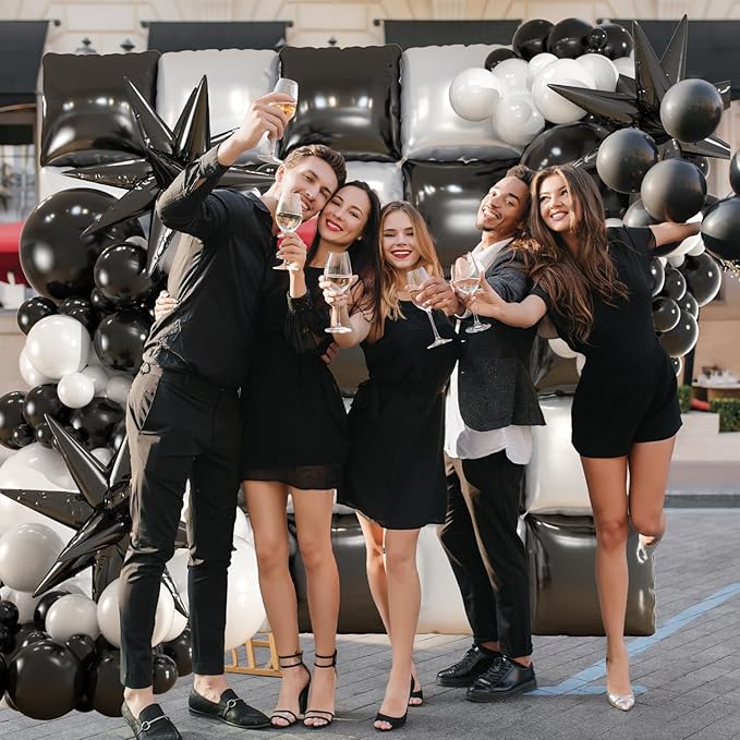 25pcs Black and White Double sided Foil Square Balloon Backdrop Wall with 139pcs White Black Star Balloons Arch Balloon Tunnel for Checkered Racing Car Birthday New Year Party Decoration