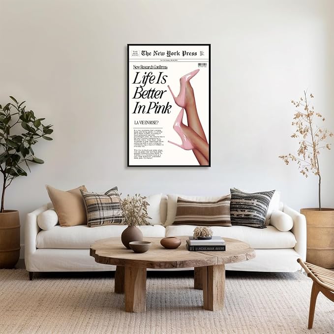 Trendy Baby Pink Poster 70s Canvas Prints The New York Press Wall Art Life Is Better in Pink Hot Girl Posters Preppy Aesthetic Decor Bedroom for Cool Girly Room Home Dorm 16x24inch black framed