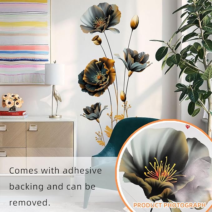 Black Gold Wall Decals 3D Flower Wall Sticker, Classical Plum Blossom Flower Decals Peel and Stick 3D Wall Art Murals for Girls Bedroom Nursery Living Room TV Home Decor