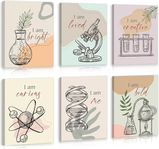 CHDITB Chemical Science Art Print For Classroom, Boho Funny Chemistry Motivational Poster Set Of 6(8x10inch) Middle School Science Explore Canvas Framed Wall Art For Laboratory Lab Library Decor