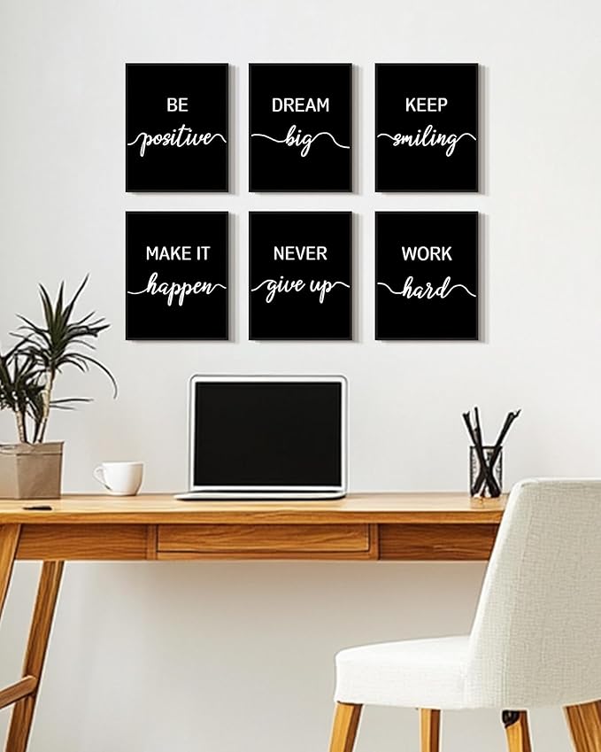 KUVIOKE Inspirational Office Wall Decor Motivational Quotes Framed Wall Art Encouraging Positive Affirmations Sayings for Kids Classroom Bedroom Ready to Hang Set of 6, 8x10in (Black Framed)