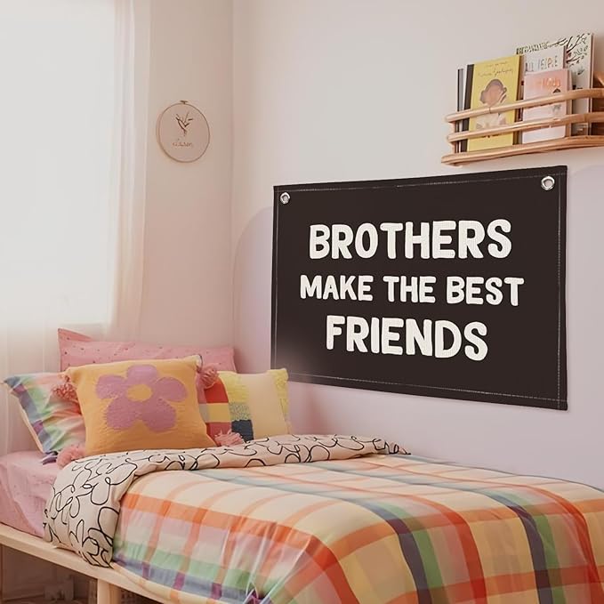 Brothers Make The Best Friends Banner, Boys Room Decor, Toddler Boy Linen Banner Wall Hanging Flag Decor for Nursery 20x30 - Black