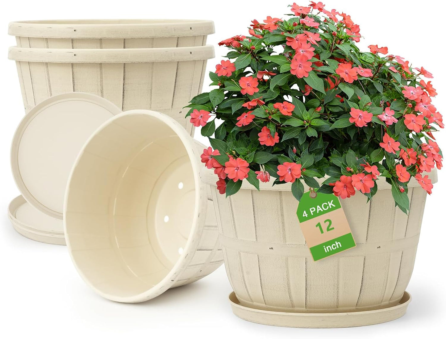 Quarut 12 Inch Large Planter Pot for Plants Indoor Outdoor, 4 Pack Plastic Flower Pots with Drainage Hole & Tray, Modern Decorative Garden Pot with Saucer, Plant Container for House（White）