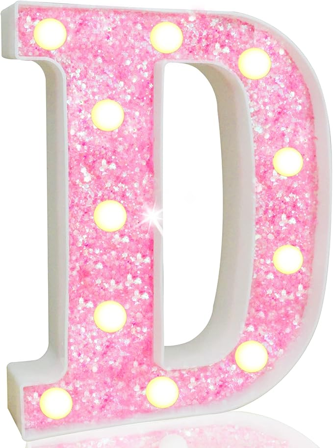 Pooqla LED Marquee Letter Lights, Light Up Pink Letters Glitter Alphabet Letter Sign Battery Powered for Night Light Birthday Party Wedding Girls Gifts Home Bar Christmas Decoration, Pink D