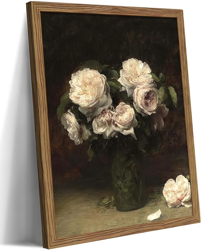 Vintage Framed Floral Wall Art, Moody Dark Roses Canvas Wall Art, Botanical Flowers Pictures Print, Retro White Roses Oil Painting Artwork Wall Decor for Bedroom Kitchen Bathroom – 8x10 inch