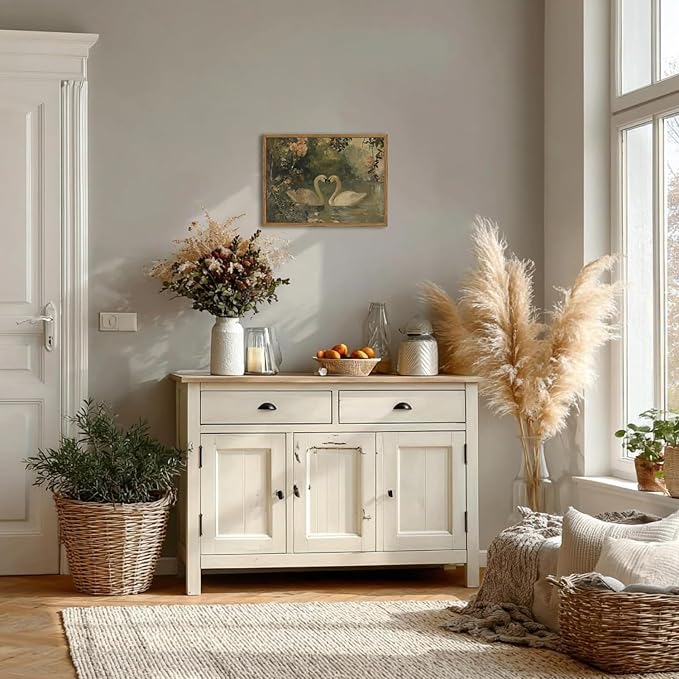 Framed Vintage Swan wall art, Rustic Romantic White Swan Pictures Wall Decor, Cottagecore Farmhouse Animal Paintings Canvas Prints Aesthetic Home Decor for Living Room Bedroom Bathroom 12x16 inch