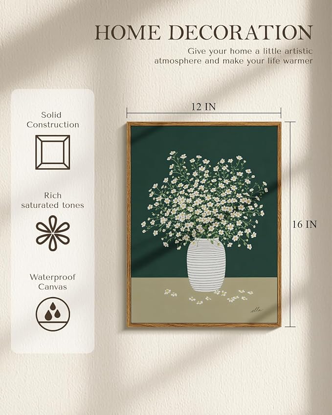 Vintage Framed Floral Wall Art 12x16 Inch, Minimalist White Daisy Flower in Vase Canvas Painting Print, Rustic Modern Green Botanical Artwork Living Room Bedroom Kitchen Bathroom Decor