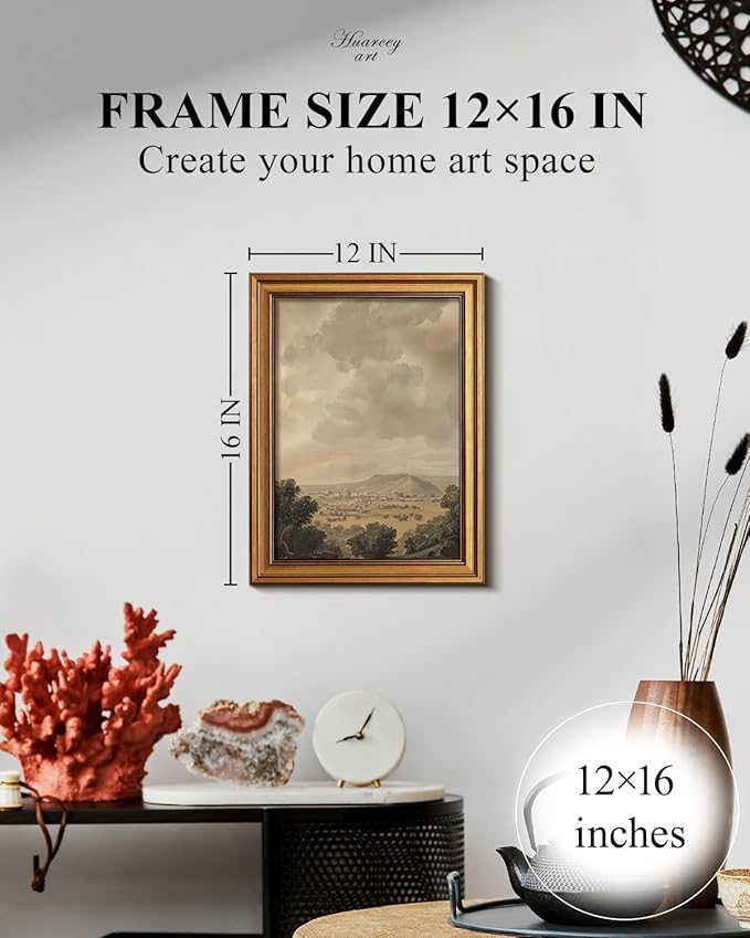 HUARCEY Framed Canvas Wall Art Vintage Decor, Mountain Clouds Picture Decor, Rustic Vintage Neutral Canvas Paintings Retro Table Desk Pictures for Bedroom Living Room, 12x16Inch