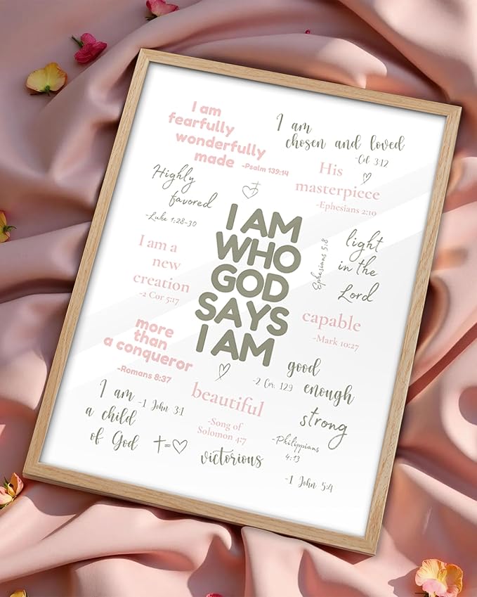 KensTro Christian Bible Verse Framed Wall Art, 12x16 in Sage and Pink Scripture Canvas Wall Art Prints,Godly Identity Poster for Christian Teen Girl Gifts Trendy Stuff Room Decor Set of 1