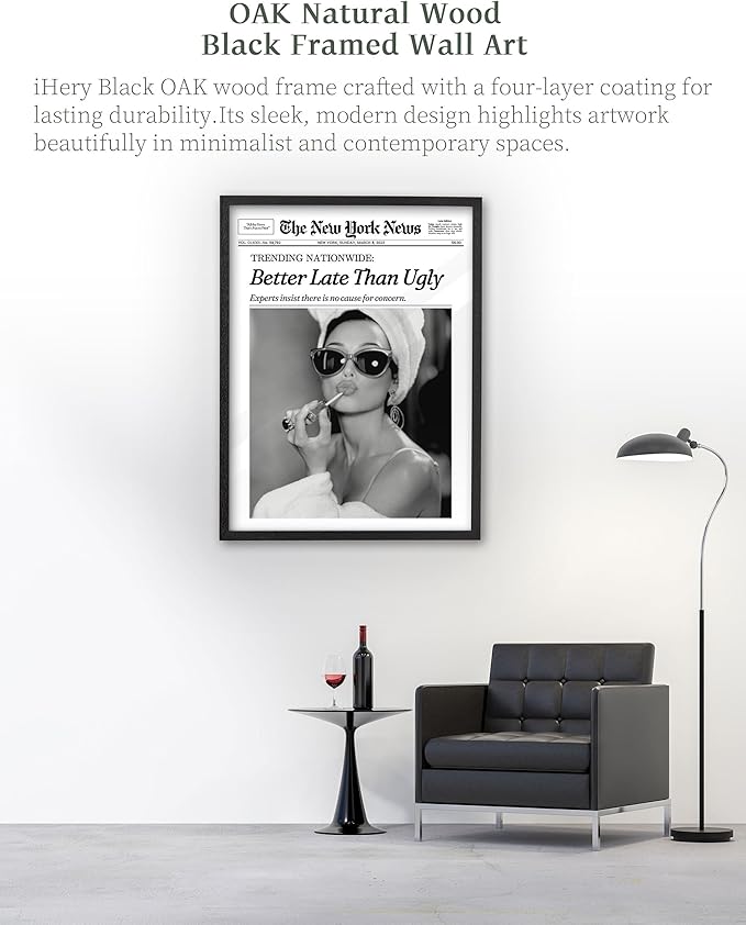 iHery Premium Natural Black OAK Wood 16x20in Audrey Hepburn Trendy Framed Wall Art, Vintage Funny Better Late Than Ugly Canvas Bathroom Wall Decor Essential,Girly Dorm Bedroom Living Room 1Pack