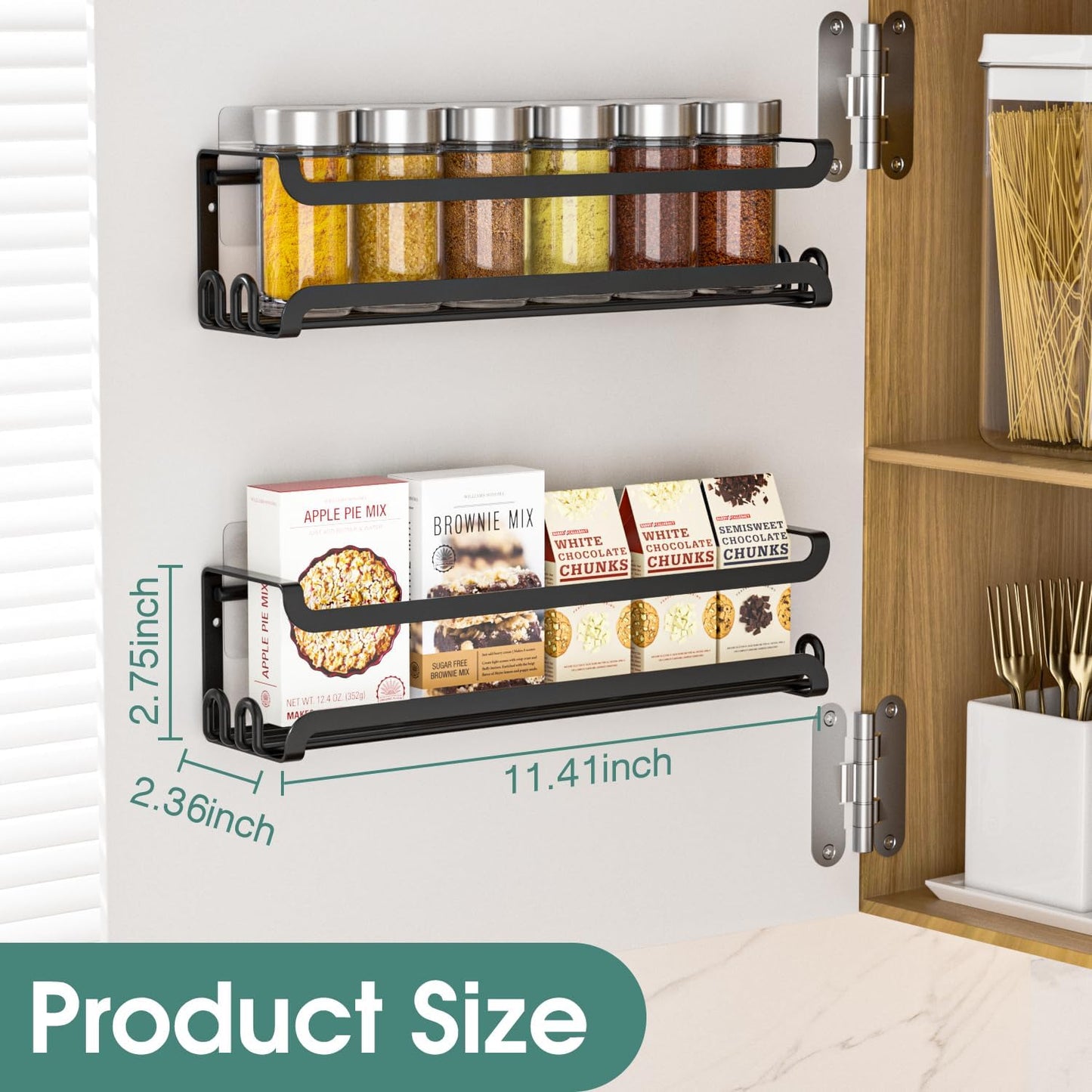 LUCYCAZ 6 Pack Wall Mounted Spice Rack with 22 Hooks, Spice Organizer Shelf for Stove Cabinet Pantry Door,Screw or Adhesive Spice Shelf Hanging Wall Spice Rack in Kitchen and RV (Black, 6 PACK)